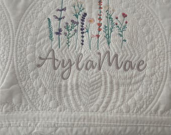Customizable Embroidered Baby Blanket, Wildflower Nursery Quilt, Name Heirloom Keepsake Quilt, Baby Name Quilt Gift