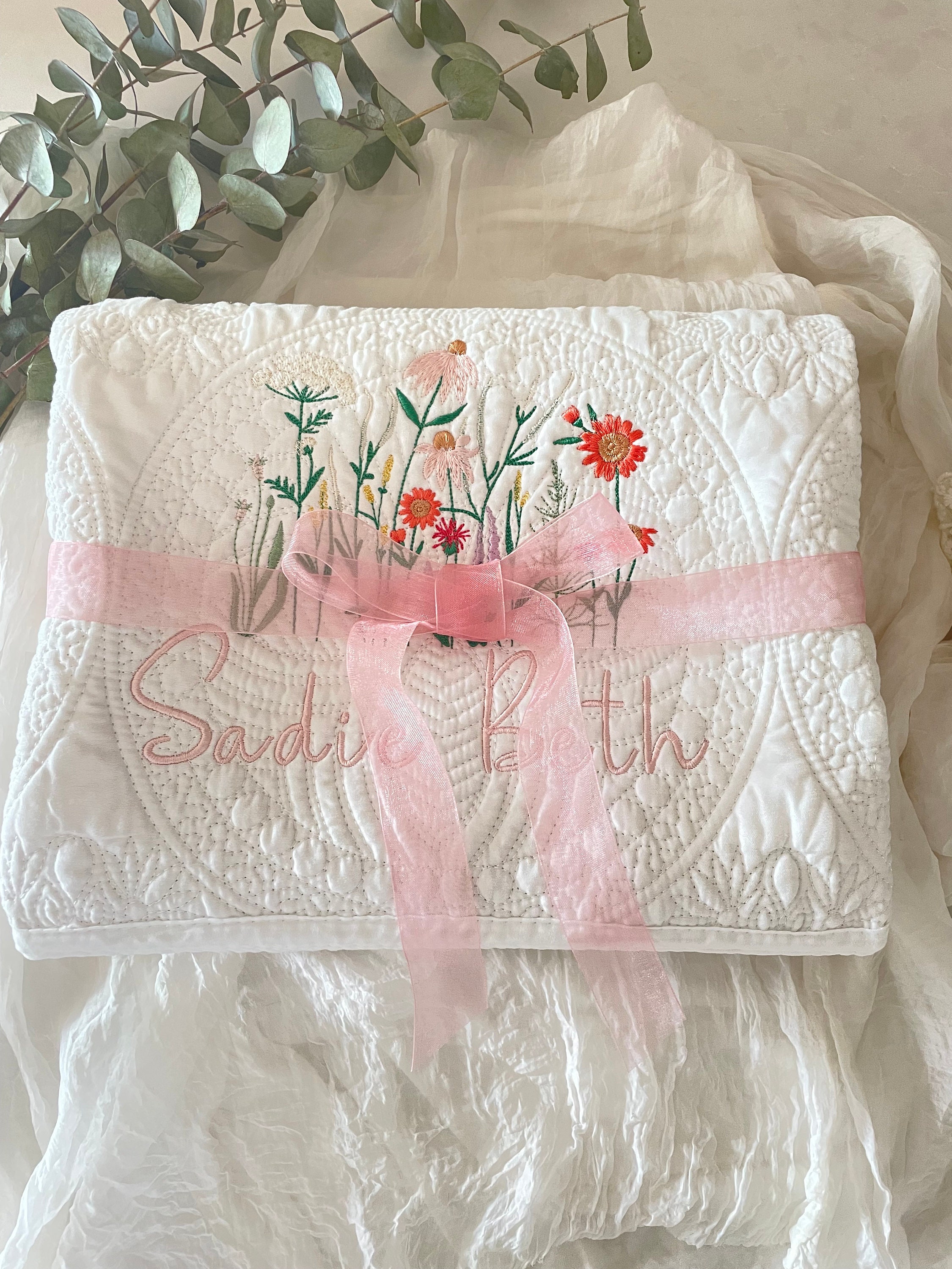 Wildflower Nursery Baby Quilt Blanket Heirloom Embroidered Blanket Flowers  Personalized Baby Blanket Baby Shower Gift  Pregnant Mom Gift