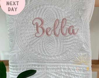 Personalized monogram blanket,  Embroidered Name Baby Quilt, Embroidered Keepsake Girl Gift, Heirloom Custom Baby Shower Gift