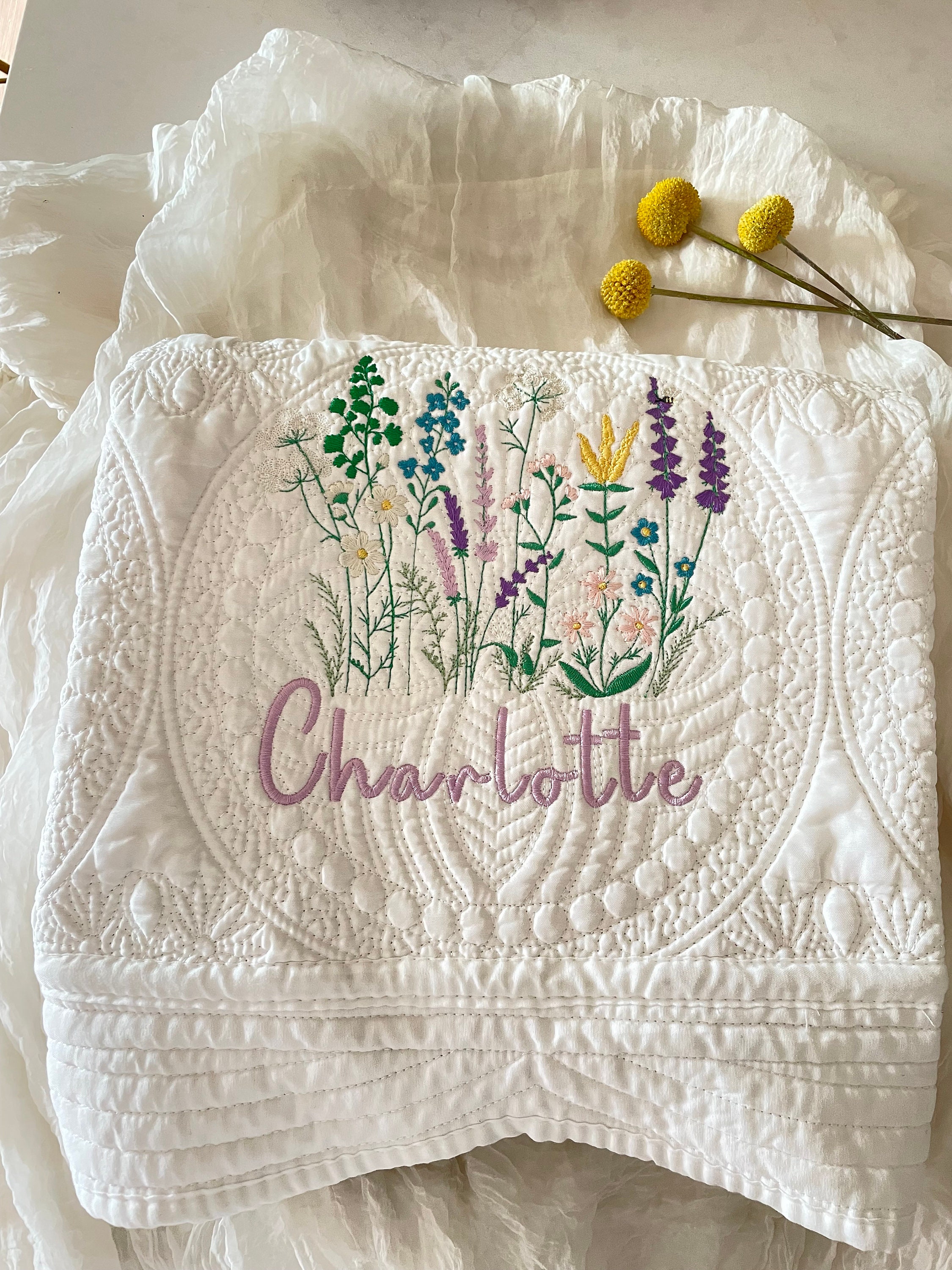 Wildflower Nursery Baby Quilt Blanket Heirloom Embroidered Blanket Blue Flowers Personalized Baby Blanket Baby Shower Gift Pregnant Mom Gift