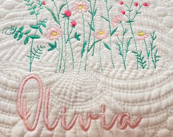 Embroidered Wildflower Baby Quilt, Personalized Nursery Blanket