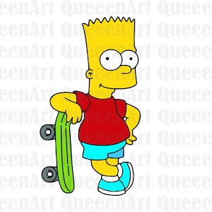 May include: A yellow cartoon character with spiky yellow hair is holding a green skateboard. The character is wearing a red shirt and blue shorts.
