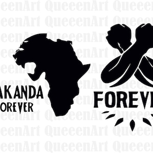Può includere: Grafica in bianco e nero con una silhouette del continente africano e le parole "Wakanda Forever" e due braccia incrociate con le parole "Forever" sotto.