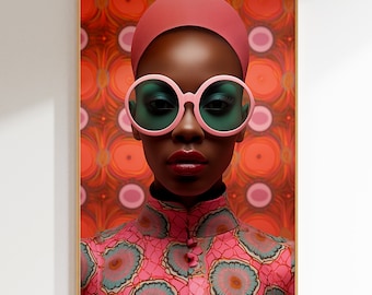 May include: A portrait of a person with dark skin wearing a pink headband and large round pink sunglasses with green lenses. The person is wearing a pink and green patterned shirt against a background of red and orange circles.