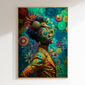 African Woman Portrait Art: Fantasy Floral Wall Decor (Digital Download)