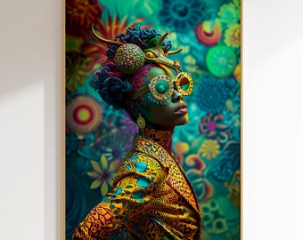 Art du portrait de femme africaine : décoration murale florale fantastique (téléchargement numérique)