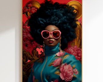 Black Woman Art Print: African Portrait, Floral Decor (Digital Download)