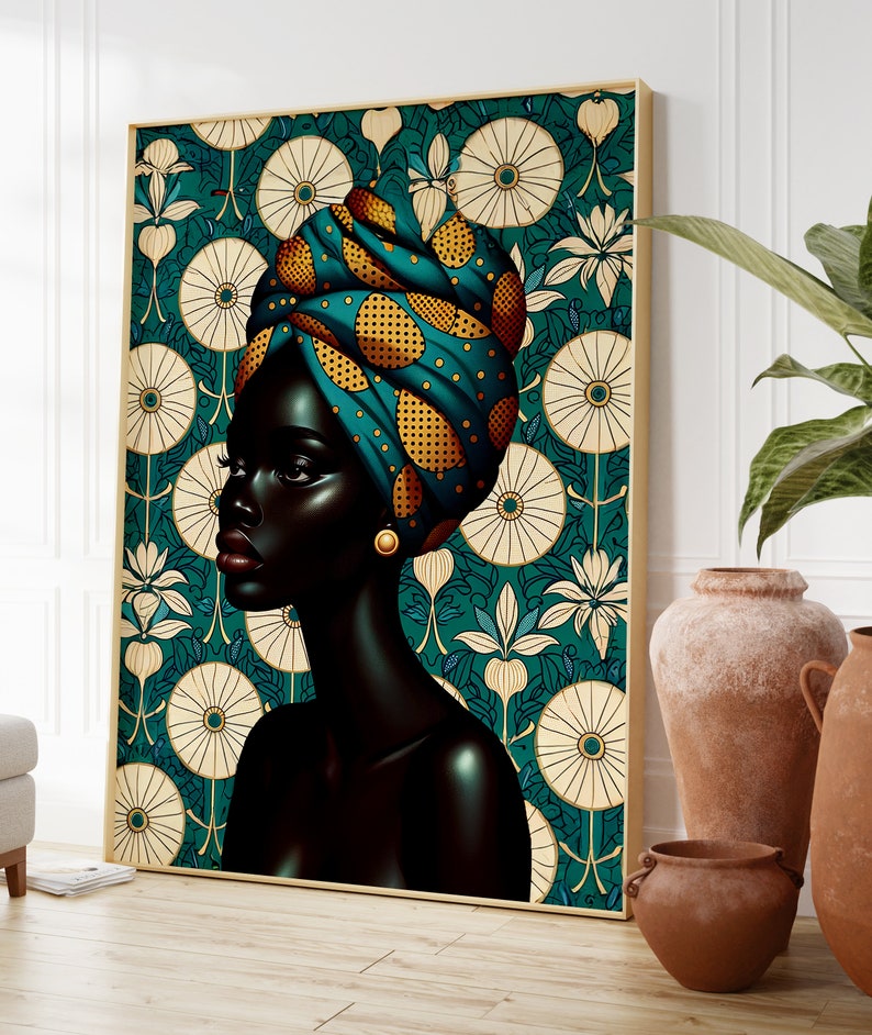 African Woman Portrait Art Print: Teal & Gold Turban (digital Download ...