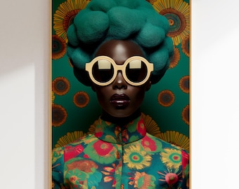 Portrait d'art noir africain : art mural floral fantastique (téléchargement numérique)