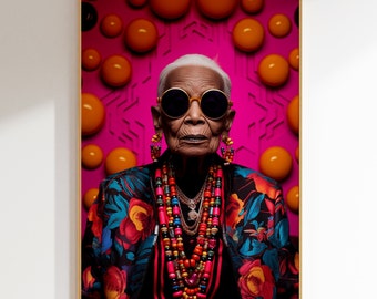May include: A portrait of an older woman wearing large, round, black sunglasses, a colorful floral jacket, and a multi-layered beaded necklace. The background is a bright pink with a pattern of orange circles.