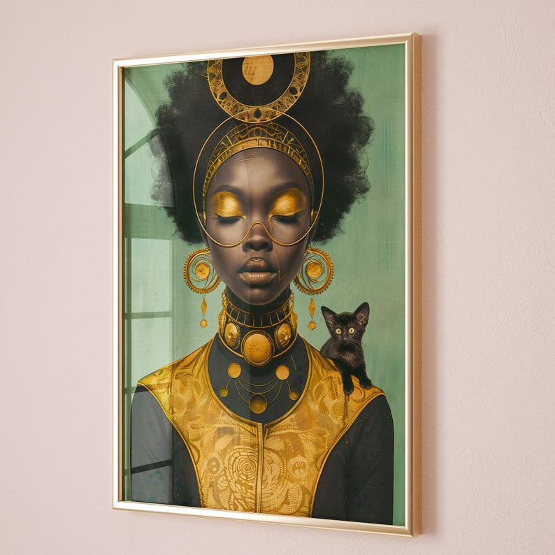 African Woman Portrait Art Print: Black Art, Gold Adornments (digital ...