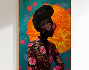 May include: A digital art print featuring a woman with a large afro wearing colorful sunglasses and a patterned jacket. The background is a vibrant blue with orange and pink circles.