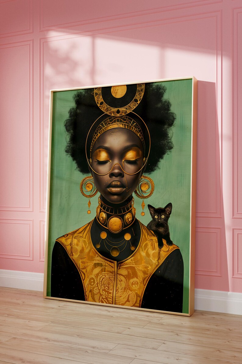 African Woman Portrait Art Print: Black Art, Gold Adornments (digital ...