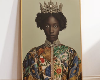 May include: A portrait of a person wearing a crown and a colorful patterned robe. The person has dark skin and is looking directly at the viewer.