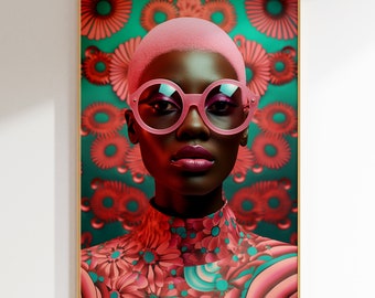 African Woman Art Print: Pink Floral Portrait (Digital Download)