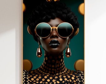 May include: A portrait of a person wearing large, round, gold-rimmed sunglasses with green lenses. They are wearing a black and gold polka dot top and gold earrings. The background is a dark green with gold circles.