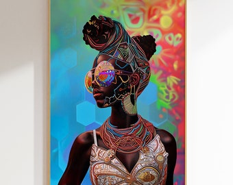 May include: A colorful digital painting of a woman with a geometric patterned face and hair. She is wearing large, reflective sunglasses, a silver and gold top, and a layered necklace. The background is a vibrant blue and green abstract pattern.