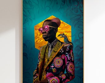 African Portrait Art: Abstract Man with Bird (Digital Download)