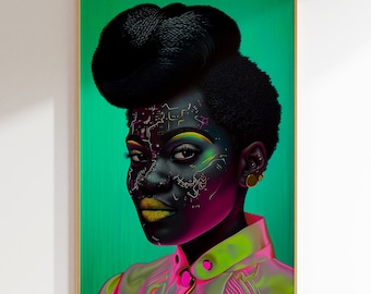 May include: A digital art print of a woman with a black afro hairstyle. Her face is painted with a neon green and pink design that resembles a circuit board. She is wearing a pink and green jacket.