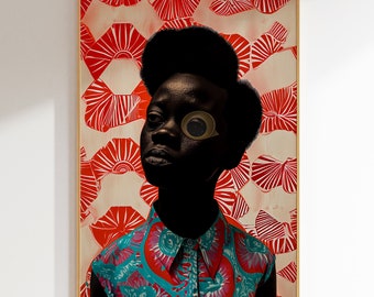 May include: A portrait of a person with dark skin wearing a colorful patterned shirt. The person has a large, round, gold eye covering their right eye. The background is a red and white pattern.