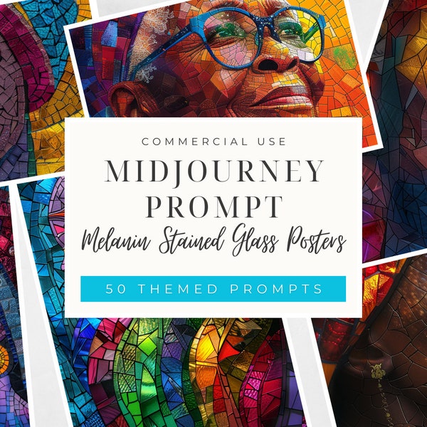 Midjourney Prompts: Melanin themed Stained Glass Posters, PDF collection. AI Prompts for Print on Demand, Easy Prompt Guide Digital Download