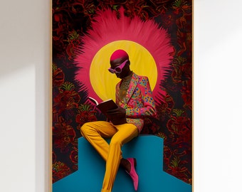 African Diaspora Art Print, Reading Man, Colorful Portrait (Digital Download)