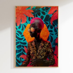 African Woman Art Print: Abstract Portrait, Colorful Foliage (Digital Download)