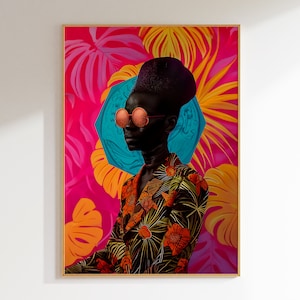 African Woman Art Print: Abstract Portrait, Colorful Leaves (Digital Download)