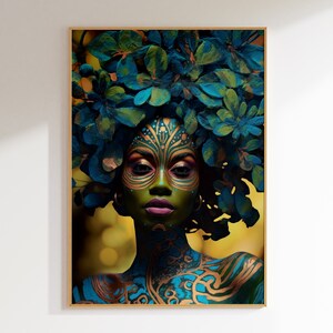 アフリカの女性の肖像画アート：花のヘッドドレス、印刷可能な壁アート（デジタルダウンロード）