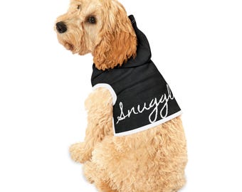May include: A black hooded dog sweater with white trim and the word "snuggle" embroidered on the back.