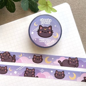Ruban adhésif washi chat céleste, chat, ruban adhésif washi mignon, ruban décoratif, journal, papeterie kawaii, masking tape, chat noir, étoiles de lune