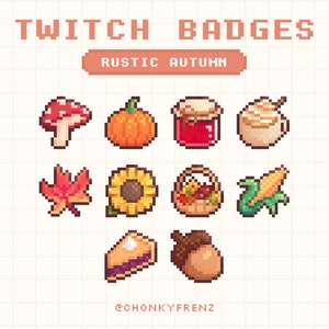 Könnte beinhalten: Ein Set aus neun Pixel-Art-Twitch-Badges mit Herbstmotiven, darunter ein Pilz, ein Kürbis, ein Glas Marmelade, eine Tasse Kaffee, ein Ahornblatt, eine Sonnenblume, ein Korb mit Früchten, eine Maiskolben, ein Stück Kuchen und eine Eichel. Der Text "RUSTIC AUTUMN" wird über den Badges angezeigt.