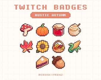 May include: A set of nine pixel art Twitch badges featuring autumnal themes, including a mushroom, pumpkin, jar of jam, a cup of coffee, a maple leaf, a sunflower, a basket of fruit, an ear of corn, a slice of pie, and an acorn. The text "RUSTIC AUTUMN" is displayed above the badges.