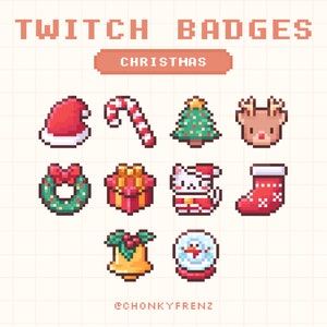 以下が含まれることがあります： クリスマスをテーマにした9つのピクセルアートTwitchバッジのセット。バッジには、サンタの帽子、キャンディーケーン、クリスマスツリー、トナカイ、リース、ギフトボックス、サンタの帽子をかぶった猫、ストッキング、ベル、スノーグローブが含まれています。