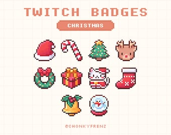 May include: A set of nine pixel art Twitch badges featuring Christmas themes. The badges include a Santa hat, candy cane, Christmas tree, reindeer, wreath, gift box, cat in a Santa hat, stocking, bell, and a snow globe.