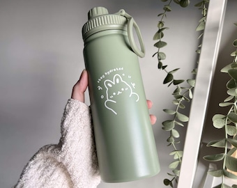 Cute Insulated Water Bottle with Chug Lid & Straw Lid, Stainless Steel Bottle, Stay Hydrated Bunny 18oz Water Bottle, BPA Free, Green Bottle