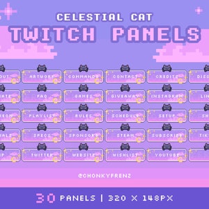 Pode incluir: Um conjunto de 30 pain&eacute;is Twitch com um tema de gato celestial. Os pain&eacute;is est&atilde;o em um estilo pixelado com um fundo roxo e rosa. Cada painel tem um r&oacute;tulo de texto diferente, como "Sobre", "Obras de arte", "Comandos", "Contato", "Cr&eacute;ditos", "Discord", "Doar", "FAQ", "Jogos", "Sorteio", "Instagram", "Links", "Patreon", "Lista de reprodu&ccedil;&atilde;o", "Regras", "Cronograma", "Configura&ccedil;&atilde;o", "Loja", "Redes sociais", "Especifica&ccedil;&otilde;es", "Patrocinadores", "Steam", "Inscrever-se", "Gorjeta", "Twitter", "Site", "Lista de desejos" e "YouTube". Os pain&eacute;is s&atilde;o de 320 x 148 pixels.