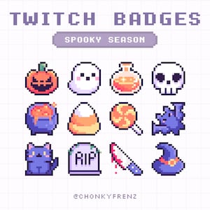 Puede incluir: Un conjunto de 12 insignias de Twitch de arte de píxeles con temas de Halloween. Las insignias incluyen una calabaza, un fantasma, una botella de poción, una calavera, un caldero, maíz dulce, una piruleta, un murciélago, un gato, una lápida, un cuchillo y un sombrero de bruja. Las insignias están en una disposición de cuadrícula con un fondo blanco y un borde morado.