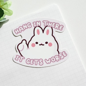 May include: A white bunny sticker with pink accents, giving a thumbs-up. The sticker has the text "Hang in there" above the bunny and "It gets worse" below. The sticker is on a white grid paper.