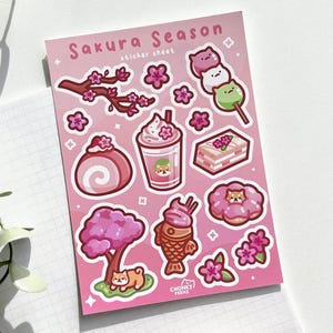Feuille d'autocollants Sakura, Autocollants fleurs de cerisier, Snacks japonais, Snacks asiatiques, Autocollants Shiba Inu, Autocollants japonais, Stickers agenda mignons