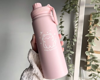 Cute Insulated Water Bottle with Chug Lid & Straw Lid, Stainless Steel Bottle, Stay Hydrated Cat 18oz Water Bottle, BPA Free, Pink Bottle