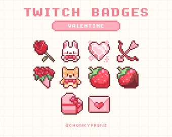 Valentines Twitch Badges, Pink Twitch Badges, Pixel Twitch Badges, Cute Sub/Bit Badges, Pastel Strawberry Twitch Badges, Kawaii Sub Badges
