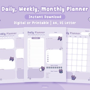 May include: A set of three printable planners in a soft purple hue. The planners include a weekly, daily, and monthly layout, each adorned with cute cat illustrations and paw prints. Text on the planner reads "Daily, Weekly, Monthly Planner" and "Instant Download".