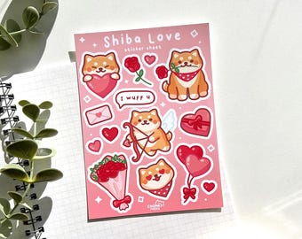Valentine's Day Shiba Inu Vinyl Sticker Sheet, Cute Japanese Dog Stationery for Planners & Bullet Journals, Pink Love Aesthetic Gifts