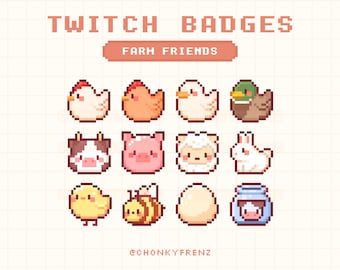 Farm Twitch Badges, Pixel Twitch Badges, Cute Sub/Bit Badges, Farm Sub Badges, Cottagecore Sub Badges, Cute Farm Animals, Chicken, Cow, Egg
