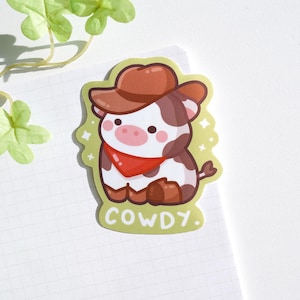 Sticker cowdy, sticker vache gourmande, sticker vache mignonne, sticker cowboy mignon, sticker rigolo, sticker pour ordinateur portable, sticker bouteille d'eau, cadeau pour amoureux des vaches