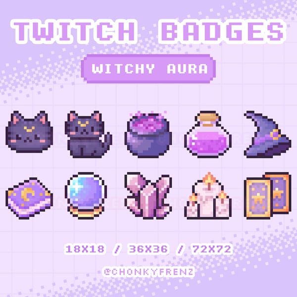 Witchy Badges, Cat Sub Badges, Halloween Badges, Twitch Badges, Sub Badges, Bit Badges, Cute Sub Badges, Stream, Pixel Art Twitch Badges