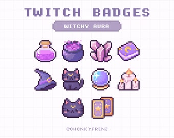 May include: A set of nine pixel art Twitch badges with a witchy theme. The badges feature a potion bottle, cauldron, crystal, book, witch's hat, black cat, crystal ball, candles, and tarot cards. The badges are in shades of purple, pink, and gold.