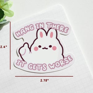 May include: A white sticker with a cartoon bunny giving the middle finger. The sticker is 2.78 inches wide and 2.4 inches tall. Text on the sticker reads "HANG IN THERE" above the bunny and "IT GETS WORSE" below.