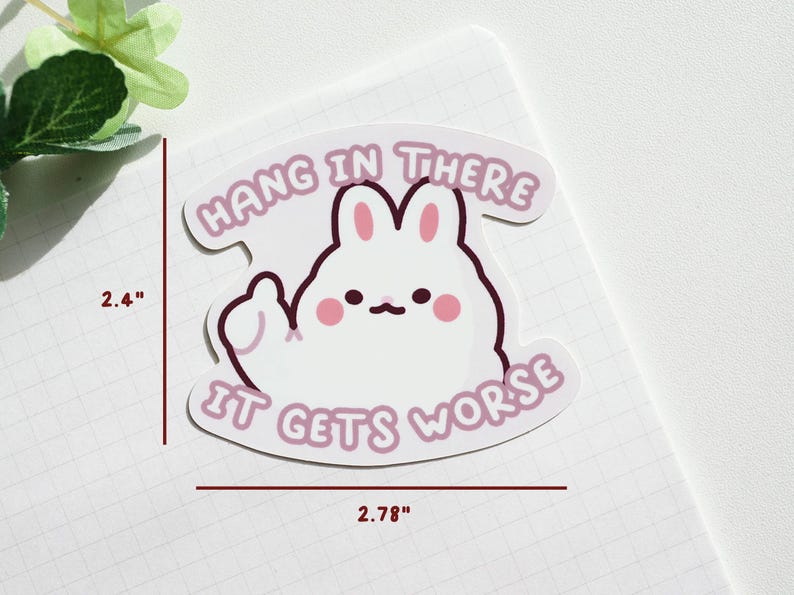 May include: A white sticker with a cartoon bunny giving the middle finger. The sticker is 2.78 inches wide and 2.4 inches tall. Text on the sticker reads "HANG IN THERE" above the bunny and "IT GETS WORSE" below.